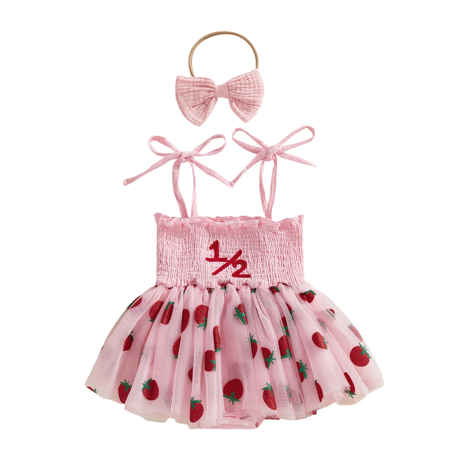 Baby Girls First Birthday Outfit Sleeveless Strawberry Embroidery Tulle Patchwork Romper Dress 3M-9M