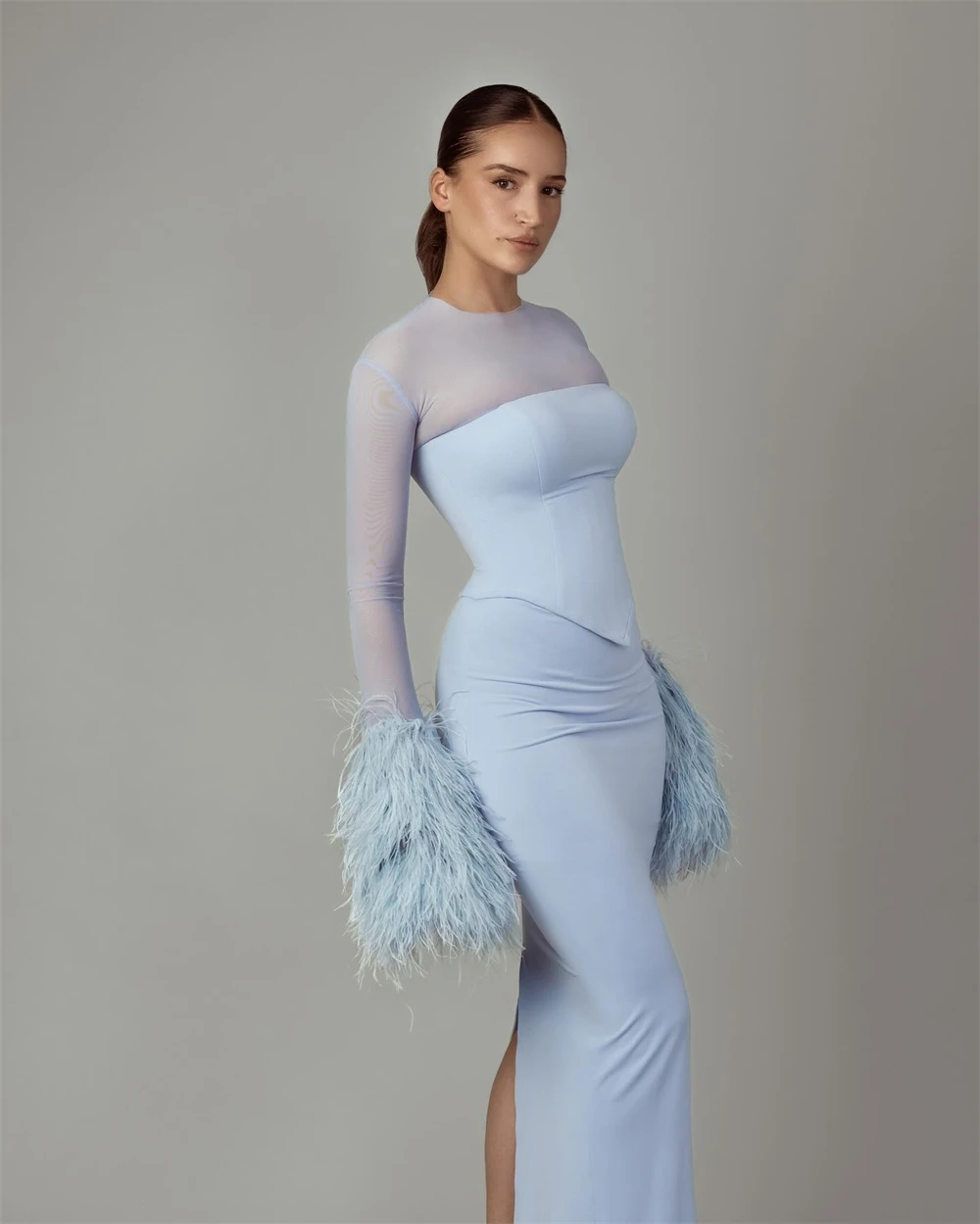 

Customized Luxury Mermaid Jersey Evening Dresses Exquisite O-Neck Long Sleeves Homecoming Dress Fashion Feathers Prom Dress