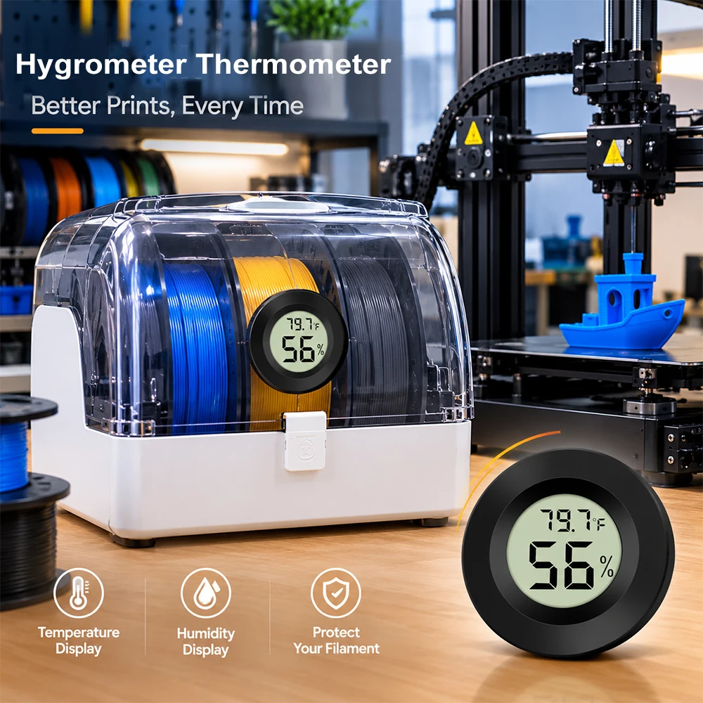 Round Digital LCD Thermometer Hygrometer Monitoring For Bambu Lab 3D Printer Parts Filament Box Dryer ﻿ Car Indoor Room Cigar