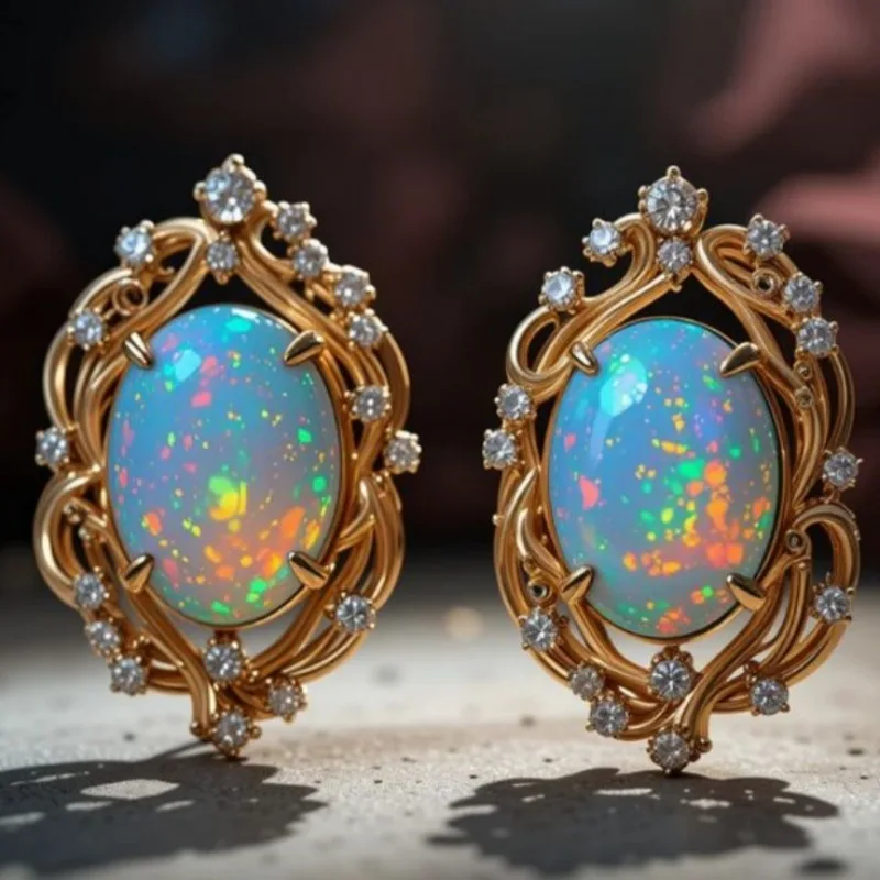 Vintage Gorgeous Oval Synthetic Moonstone Hollowed Golden Stud Earrings Women's Fashion Charm Banquet Celebration Jewelry Crafts