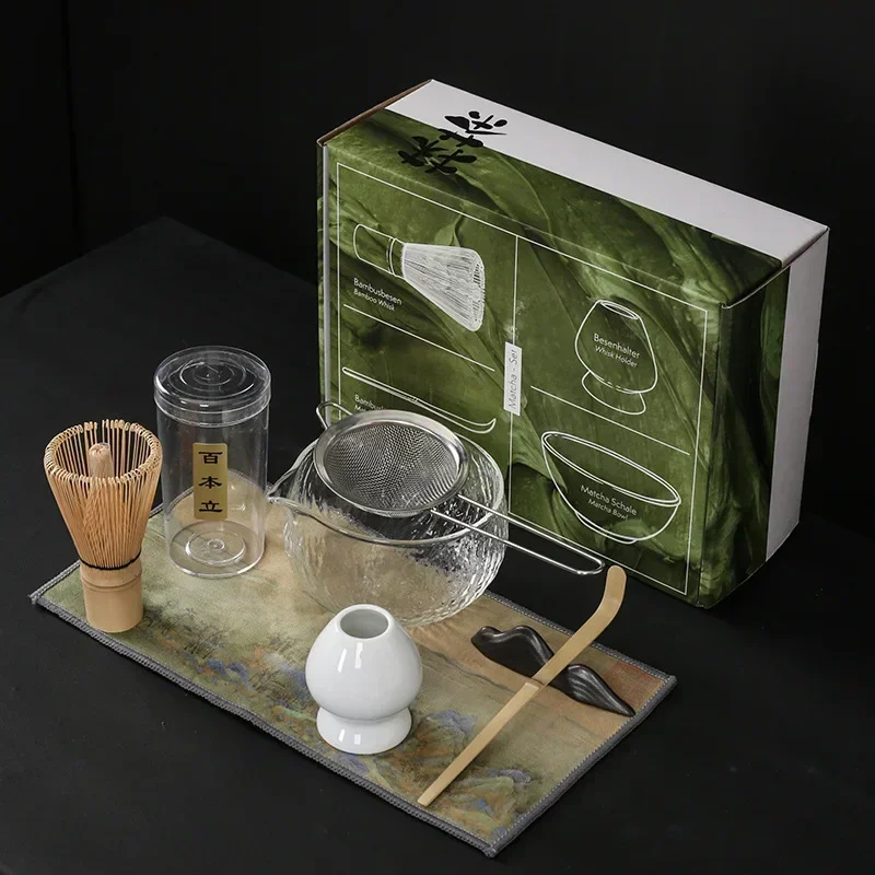 Juego de té Matcha de 4/7 Uds., batidor de bambú, cuchara de cristal, cuenco Matcha, herramientas tradicionales para hacer té hechas a mano para interiores, Kit Matcha japonés