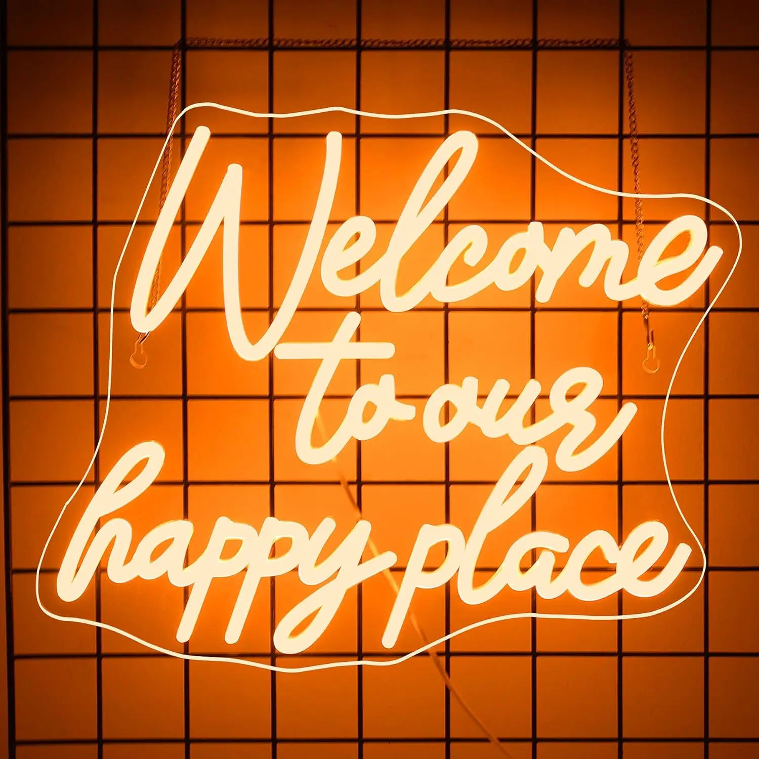 WELCOME TO OUR HAPPY PLACE Neon Sign USB Dimmable LED Neon Light for Bedroom Classroom Home Bar Birthday Party Game Zone Decor