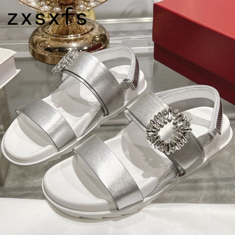 

Thick Sole Platform Women's Sandals Square Crystal Buckle Flat Casual Beach Shoes For Woman Designer Brand Sandalias Mujer 2023