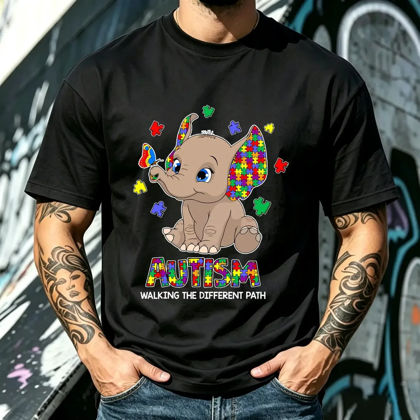 washed T Shirt Autism Awareness Elephant Walking The Different Path Puzzle Size S 5XL vintage Washed Stylish