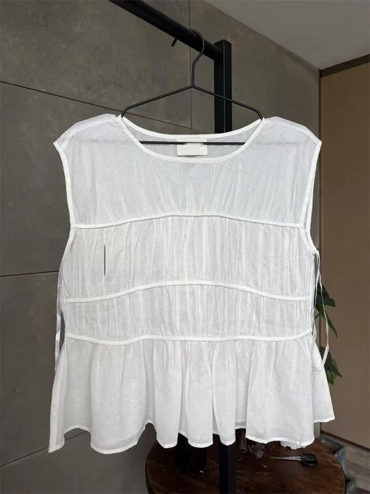 Susan Casual White Svel Mehrschichtige plissierte Bluse mit lockerem Saum Pendeln Sle rund Ne ort Sve UV-Schutz