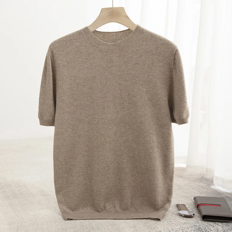 2024 Summer Men\'s Round Neck Short Sleeve 100% Pure Wool Tshirt Knitted Pullover Loose Breathable Business Casual Minimalist Top