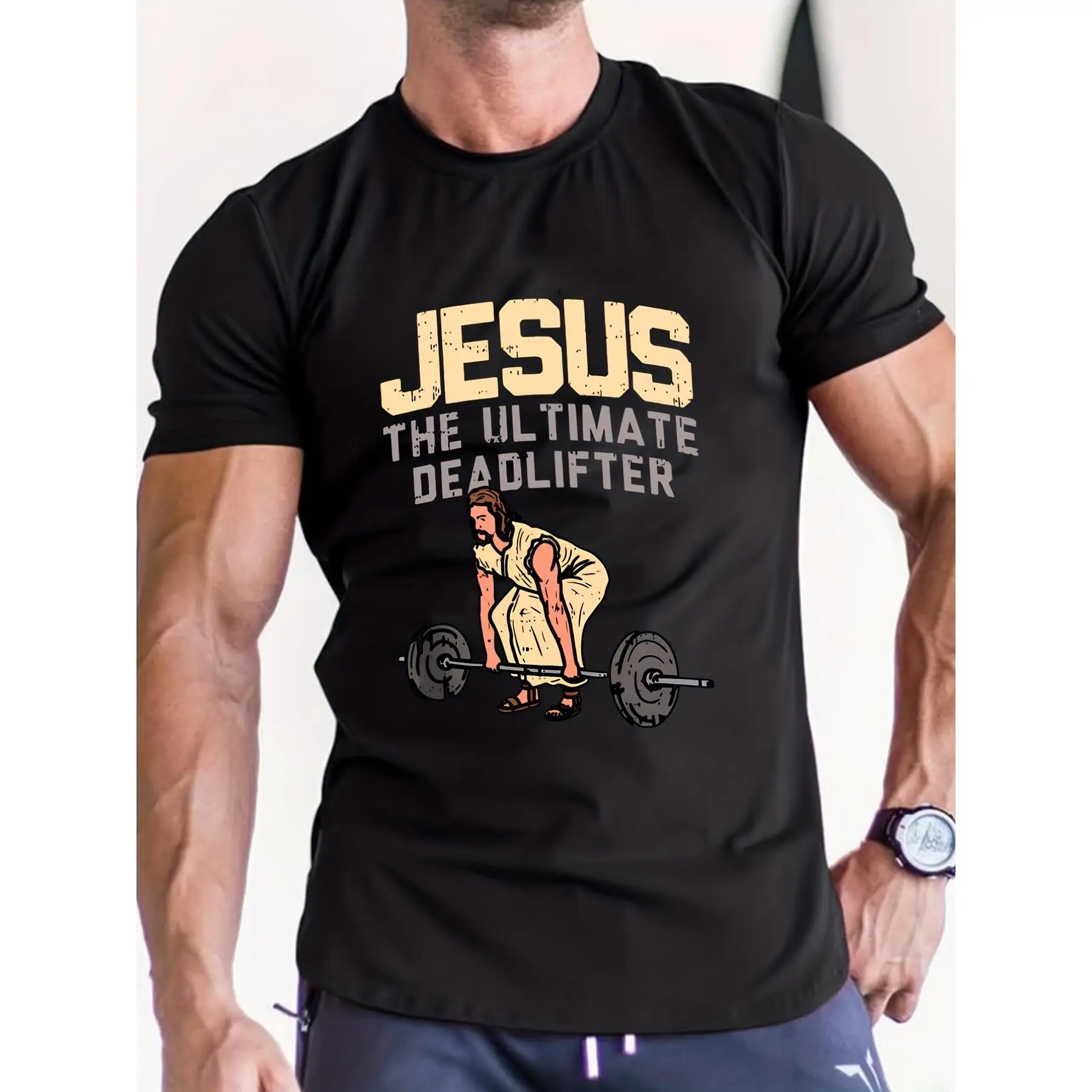 

Funny Jesus T-Shirt Men's Weightlifting Deadlift Graphic Tee Christian Humor Gym Top