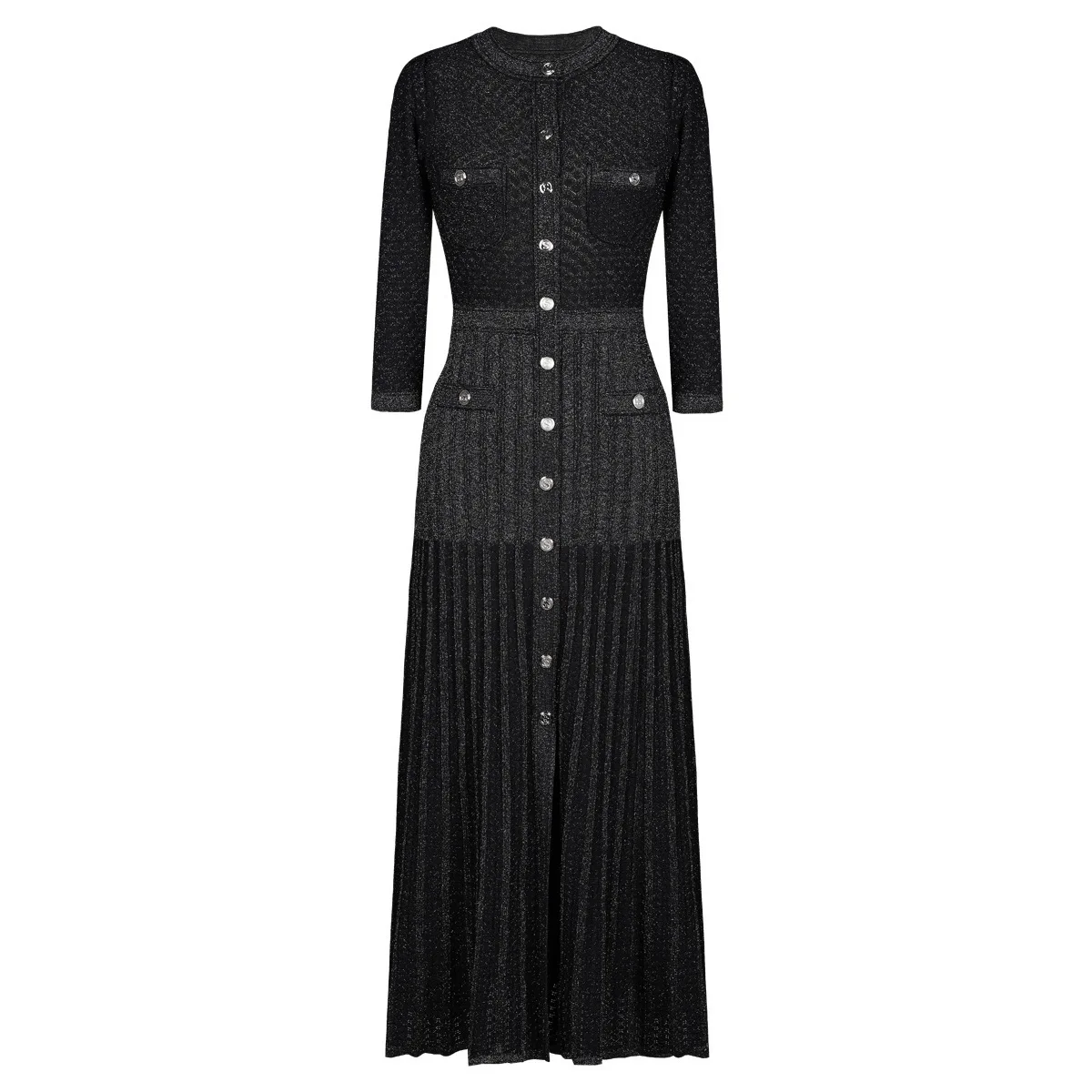 2025Herfst Elegante Dame Gebreide Single Breasted Lange Jurken Vrouwen Solid Mouwloze O Hals Knop Bodycon Party Vrouwelijke Vestidos