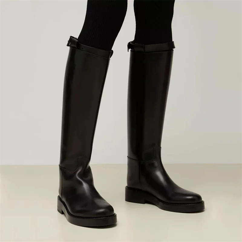 Knee Boots Black Botas Concise Shoes Winter Buckle Round Toe Flat Low Heels Solid Zapatos Mujer Sewing Design Daily Versatile