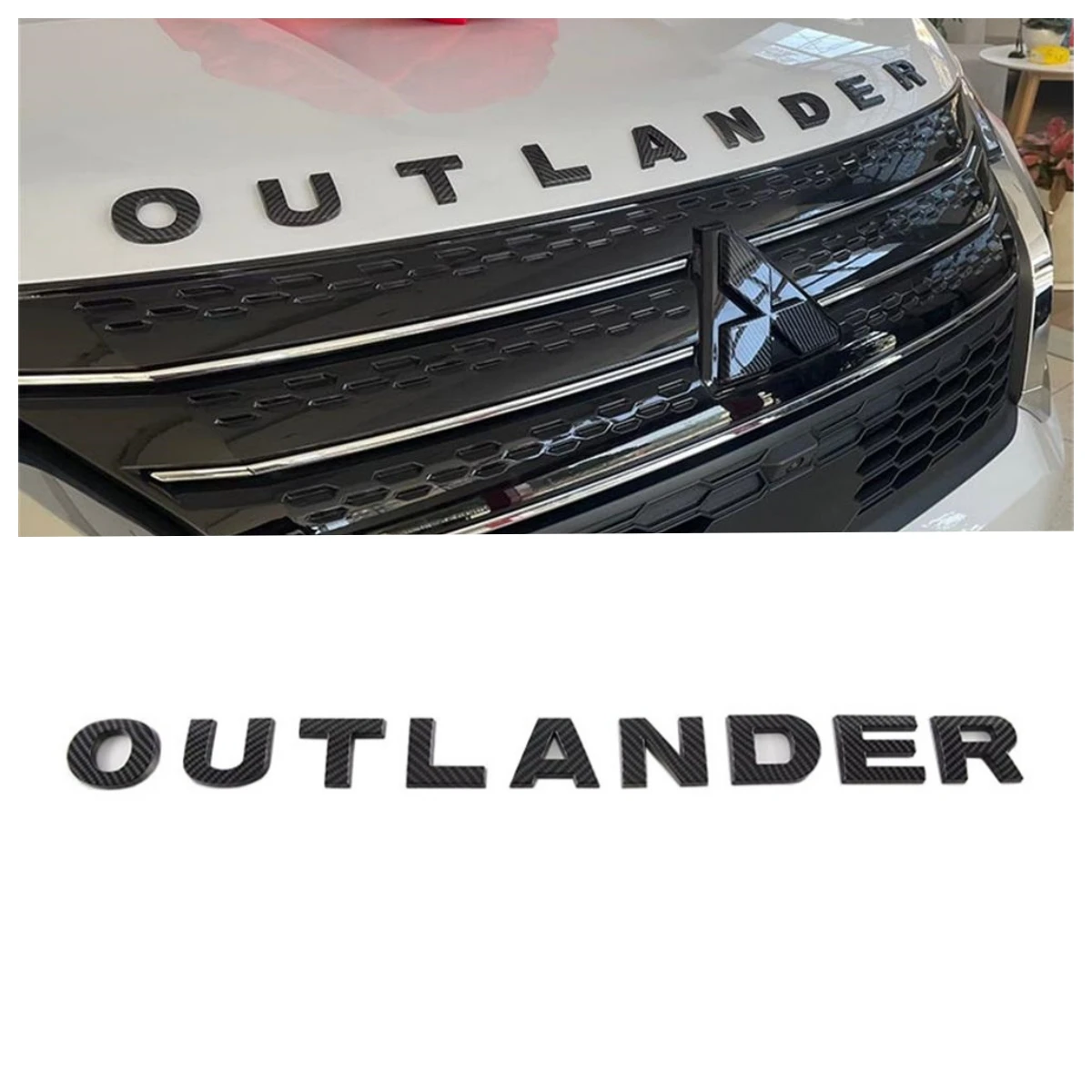 

Для Mitsubishi Outlander 2022 2023 2024 Автомобильная головка с буквами бампер украшение глянцевое черное серебряное углеродное волокно Стайлинг 3D автозапчасти