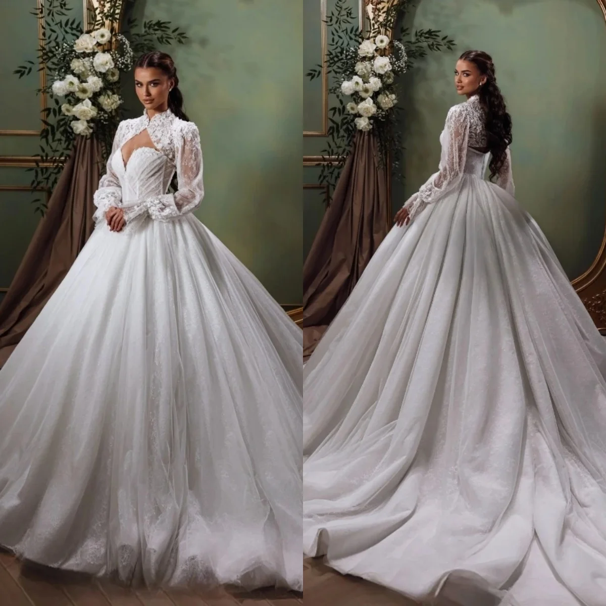 Unique Wedding Dresses Appliques Lace Bridal Gowns with Jacket A Line Customized Princess Backless Bride Dress Vestidos De Novia