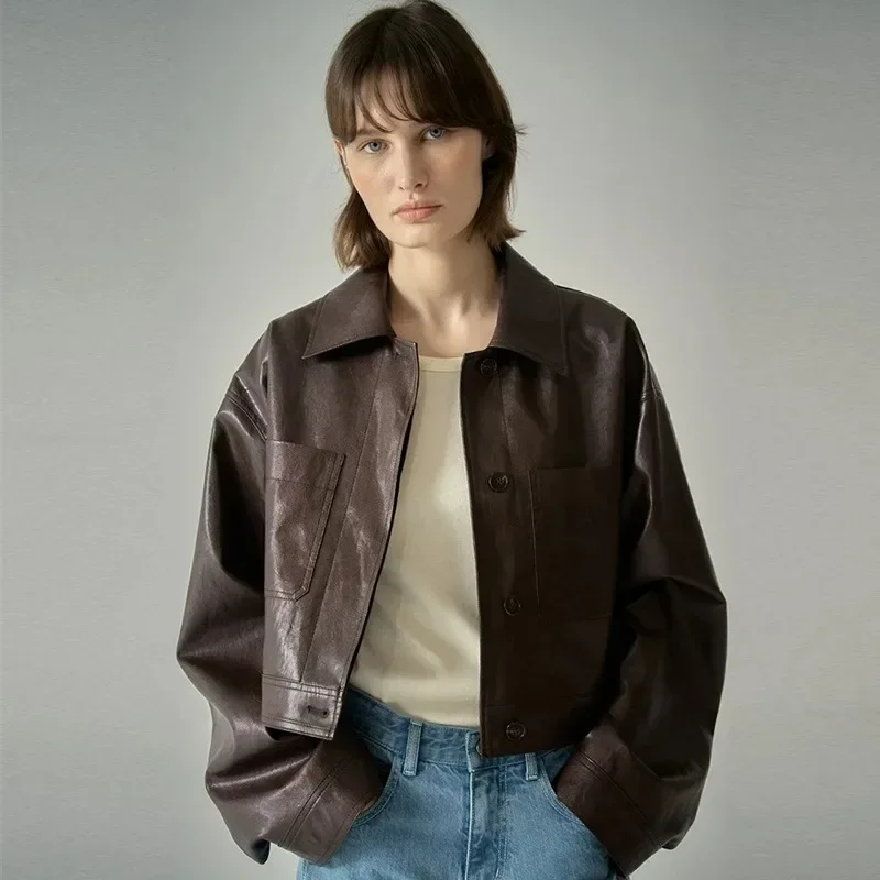 Veste courte en cuir pour femme, manteau en polyuréthane, streetwear américain, hauts amples, printemps et automne, F @ C @ D *