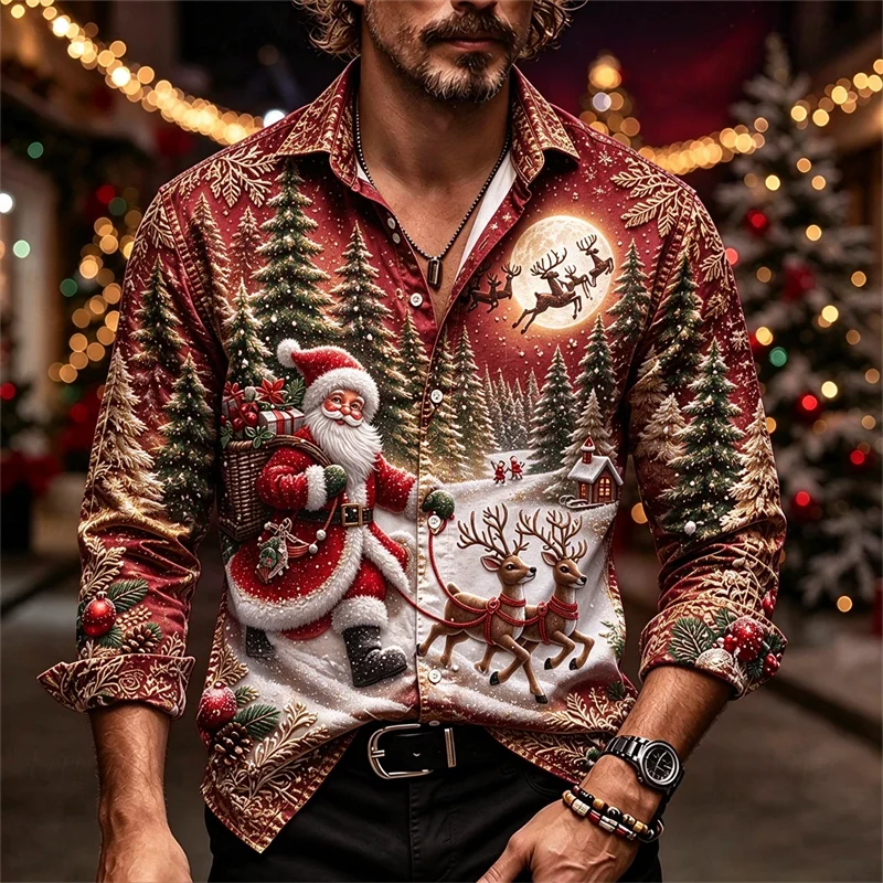 New men's shirt wine red Santa Claus leading reindeer pine forest snow scenery gold border print slim fit shirt