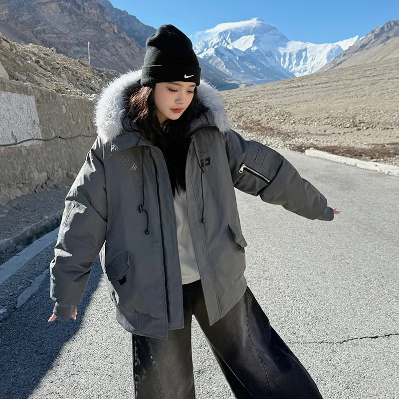 PinkyIsBlack Oversize Tooling Padded Jacket Women's 2025 Winter New Korean Big Fur Collar Loose Puffer Jacket Thick Coat Clothes