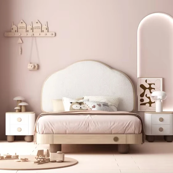 Modern Simple Cloud Models Solid Wood Kids Bed Soft Leather Upholstery Queen King Sizes Safety For Home Hotel Bedroom Set