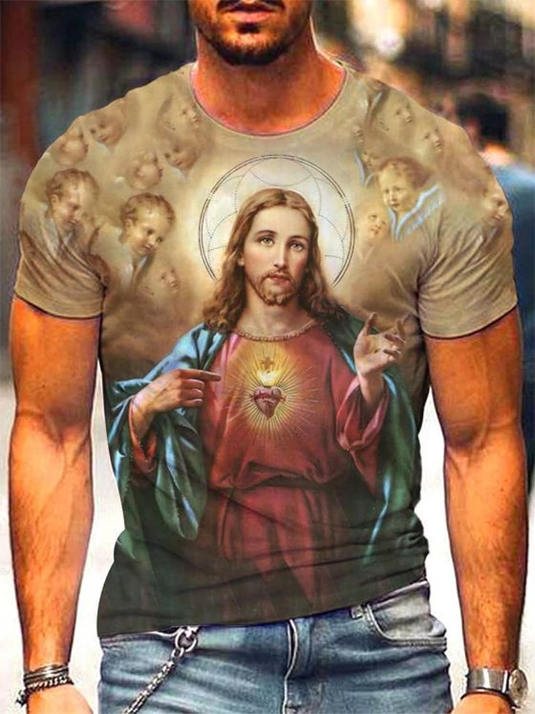 2024 New Summer Men\'s T Shirts Casual European American Street Tshirts Jesus 3D Printed Fashion Looose Men Short Sleeved T-shirt