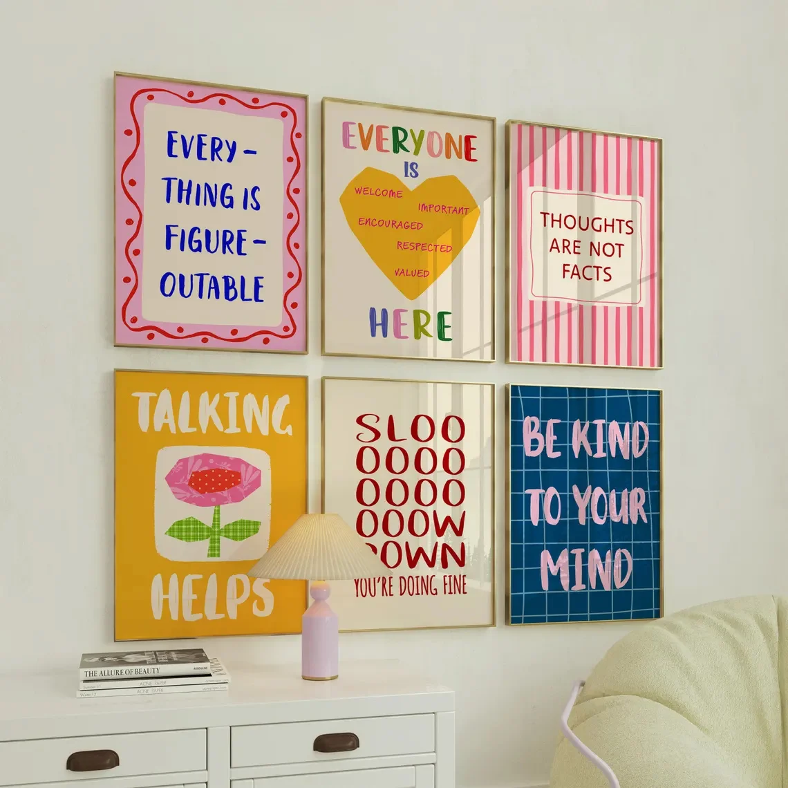 6-piece Set, Vintage Posters, Pink Flowers and Yellow Hearts, Mental Health Art Prints, Bedroom and Living Room Posters