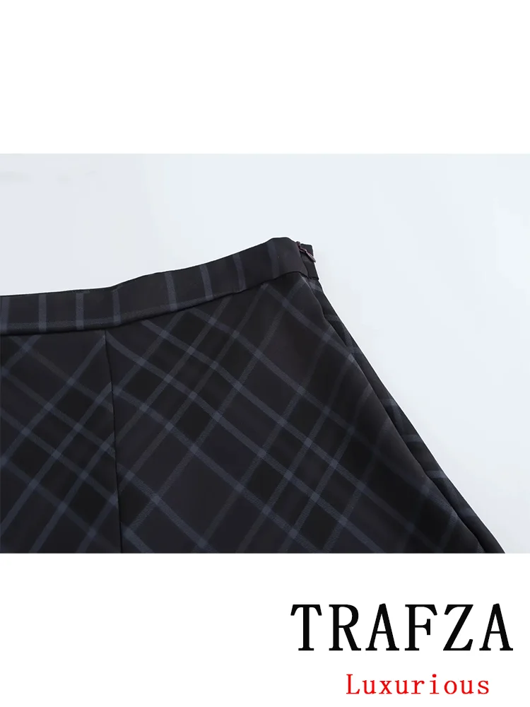 TRAFZA Vintage Casual Chic Women Skirt Plaid Zipper Long A-Line Skirt New Fashion 2024 Autumn Winter Holiday Female Long Skirt