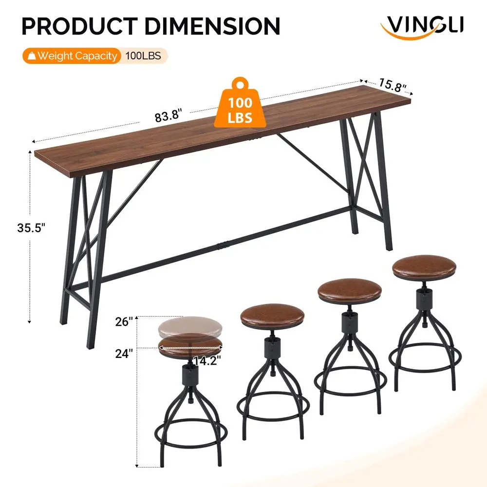 

84 Long Bar Table with Stools for 4, Wood amp Metal Construction Sofa Table for Home Bar, Kitchen Island, Cafe
