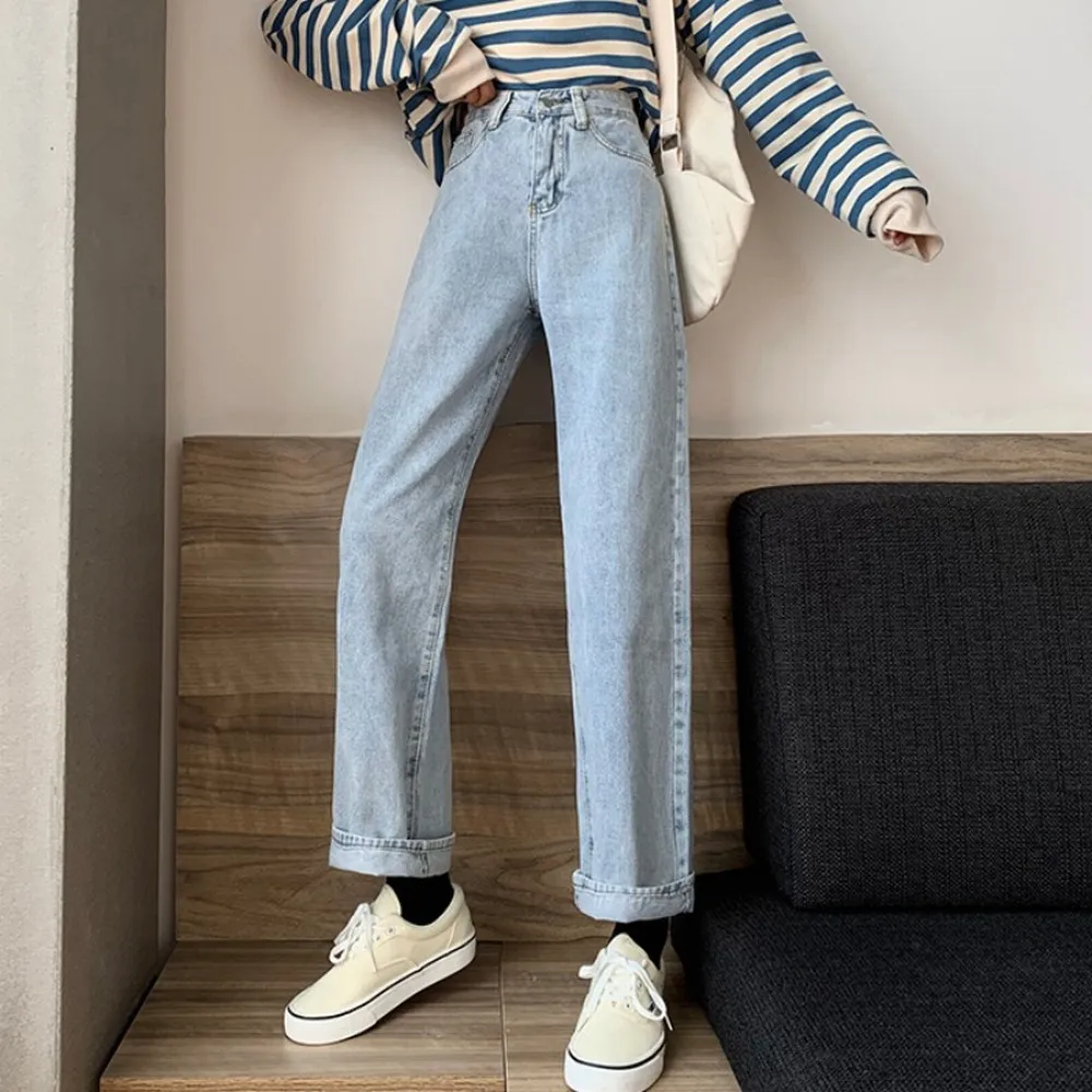 빈티지 스트레이트 진 여성 와이드 레그 루즈 데님 팬츠 가을 봄 패션 캐주얼 바지 화이트 블랙 블루 단색