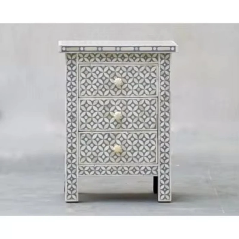Modern Handmade Bone Inlay Large Three Drawer Bedside Table Stool Footstool Mother of Pearl Black Finish Home Decor