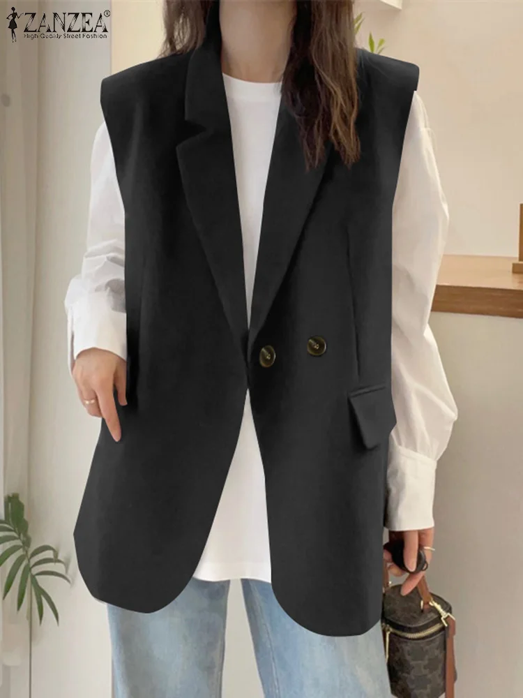 Casual Loose Solid Color Vests ZANZEA 2024 Women Sleeveless Coats Elegant Commuting Pockets Cardigans Korean Simple Waistcoats