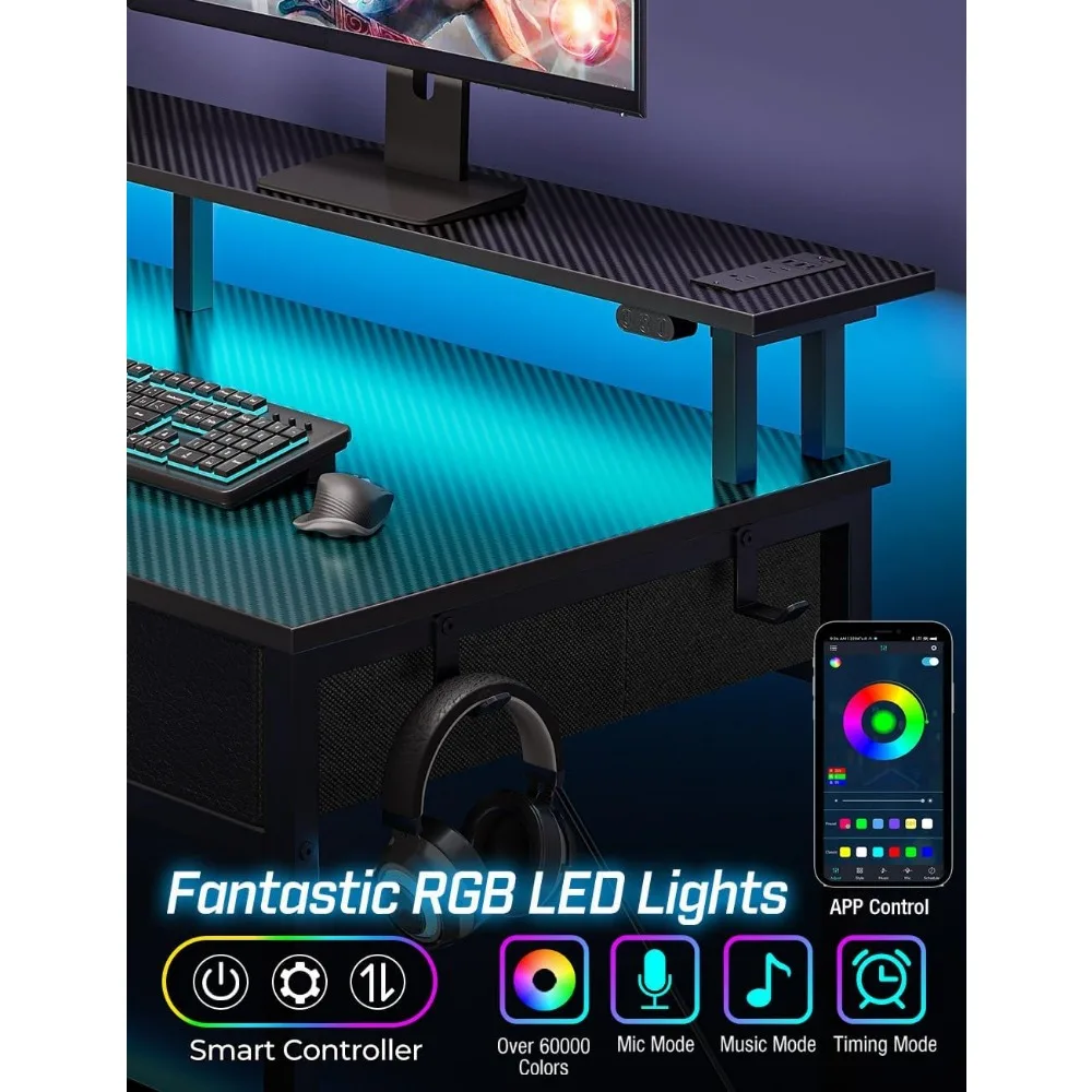 مكتب منزلي مقاس 39 بوصة مزود بمنافذ طاقة وإضاءة LED و3 أدراج وأرفف تخزين