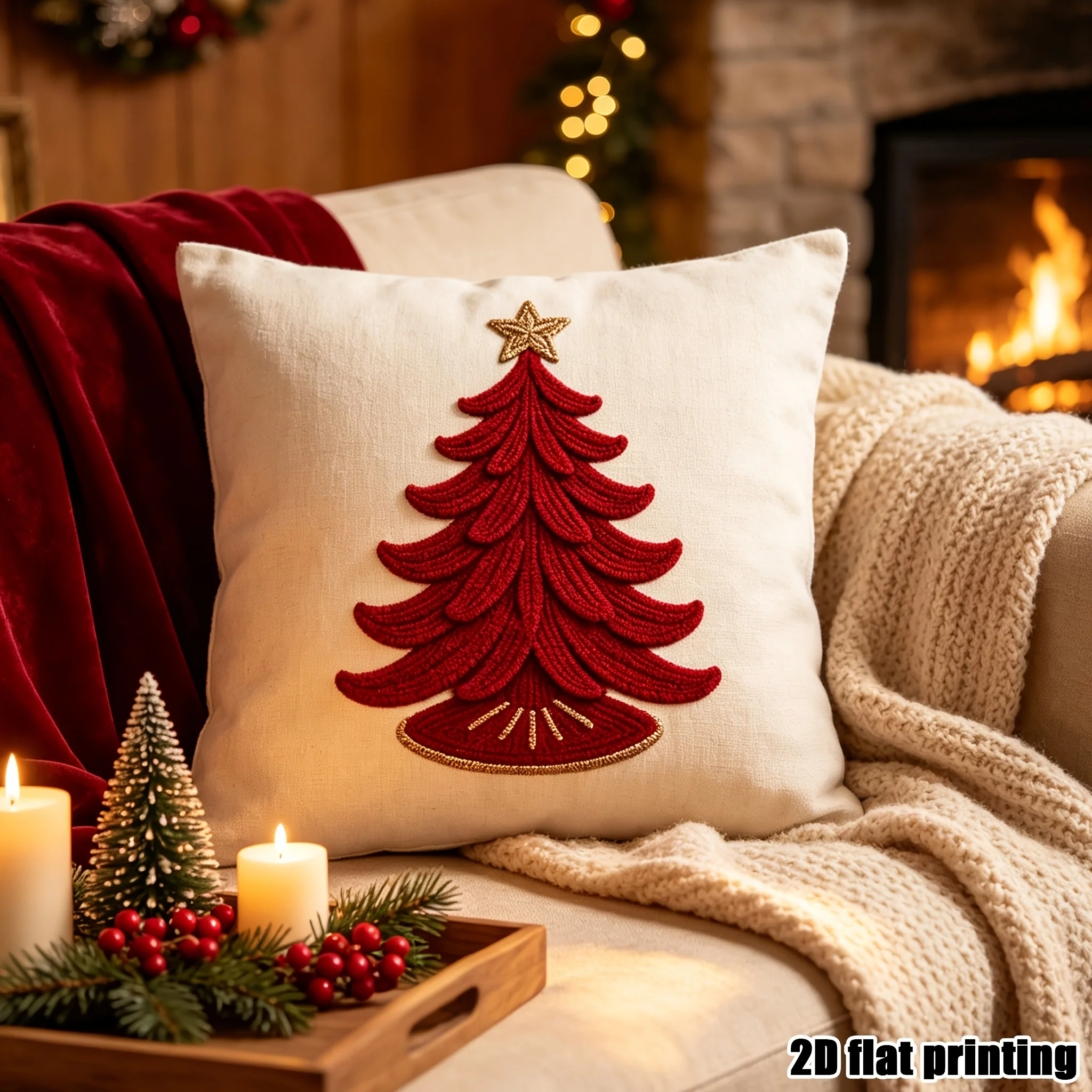 1pc 2D Flat Single-Sided Christmas Throw Pillow Cover, Festive Red Christmas Tree Printed Cushion Case with Golden Star