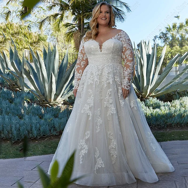 

New Arrival Wedding Dresses For Woman Plus Size Long Sleeves Applique Bride Gowns A-Line V-Neck Tulle Vestidos De Novia