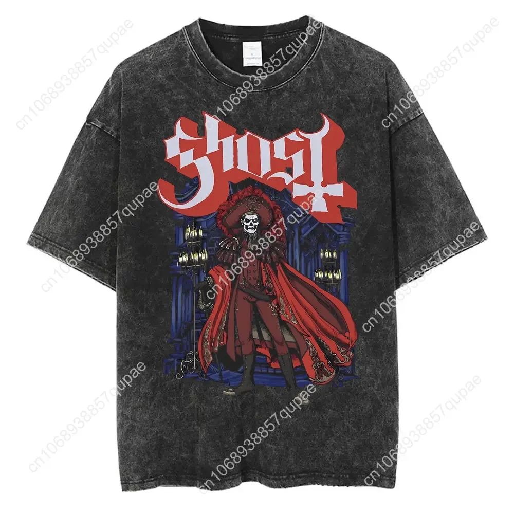 Washed Vintage Ghost Band T-shirt Men's Summer Oversized Tshirt Male 90s Gothic Streetwear Men Women Rock Metal Music T Shirts