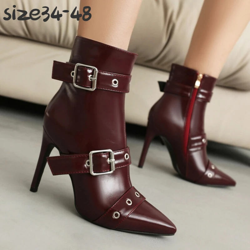 

Women Belt Buckle Metal Rivet Short Boots Sexy and Fashionable Pointed Slim High Heels Short Plush Warm Woman Boots Size 34-48