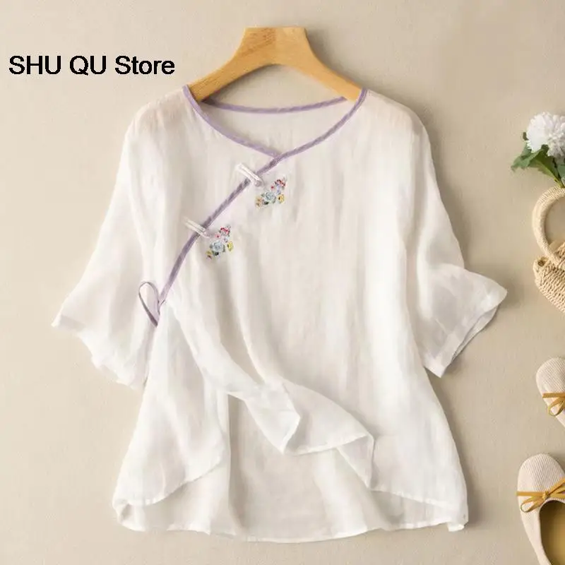 New Spring Summer Traditional Chinese Clothing Women Clothes  Short Sleeve Top Loose Hanfu Tang Suit Round Neck Literary T-shirt