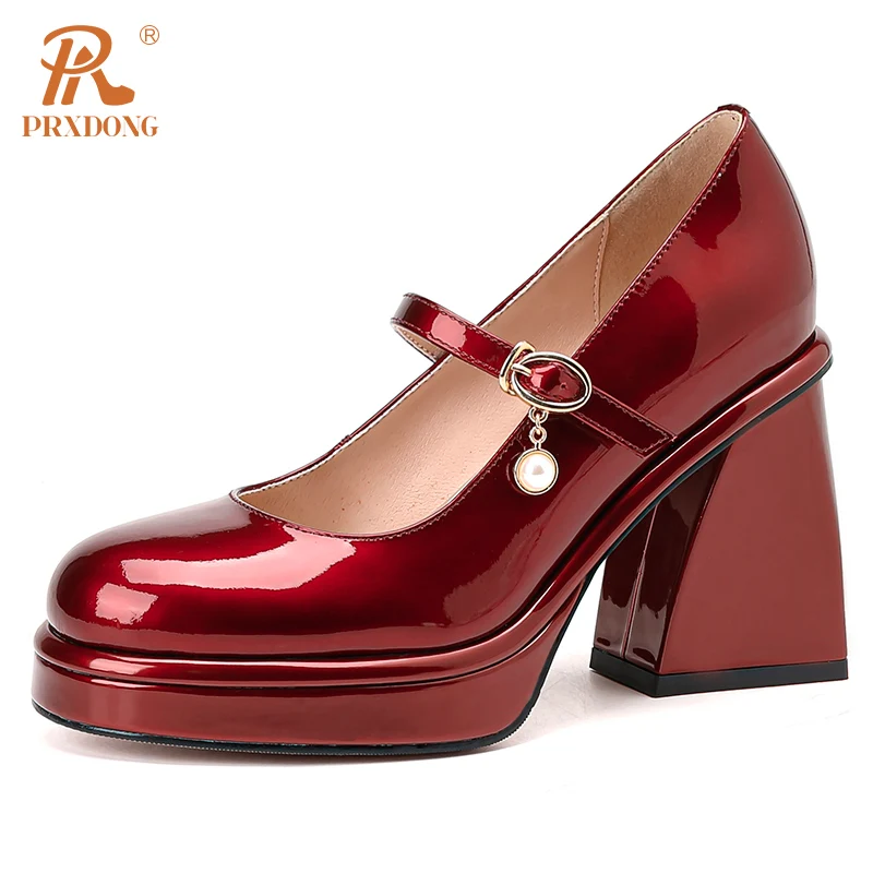 

PRXDONG Qulaity Spring Summer Genuine Leather Women Shoes High Heels Thick Platform Black WHite Dress Party Wedding Lady Pumps