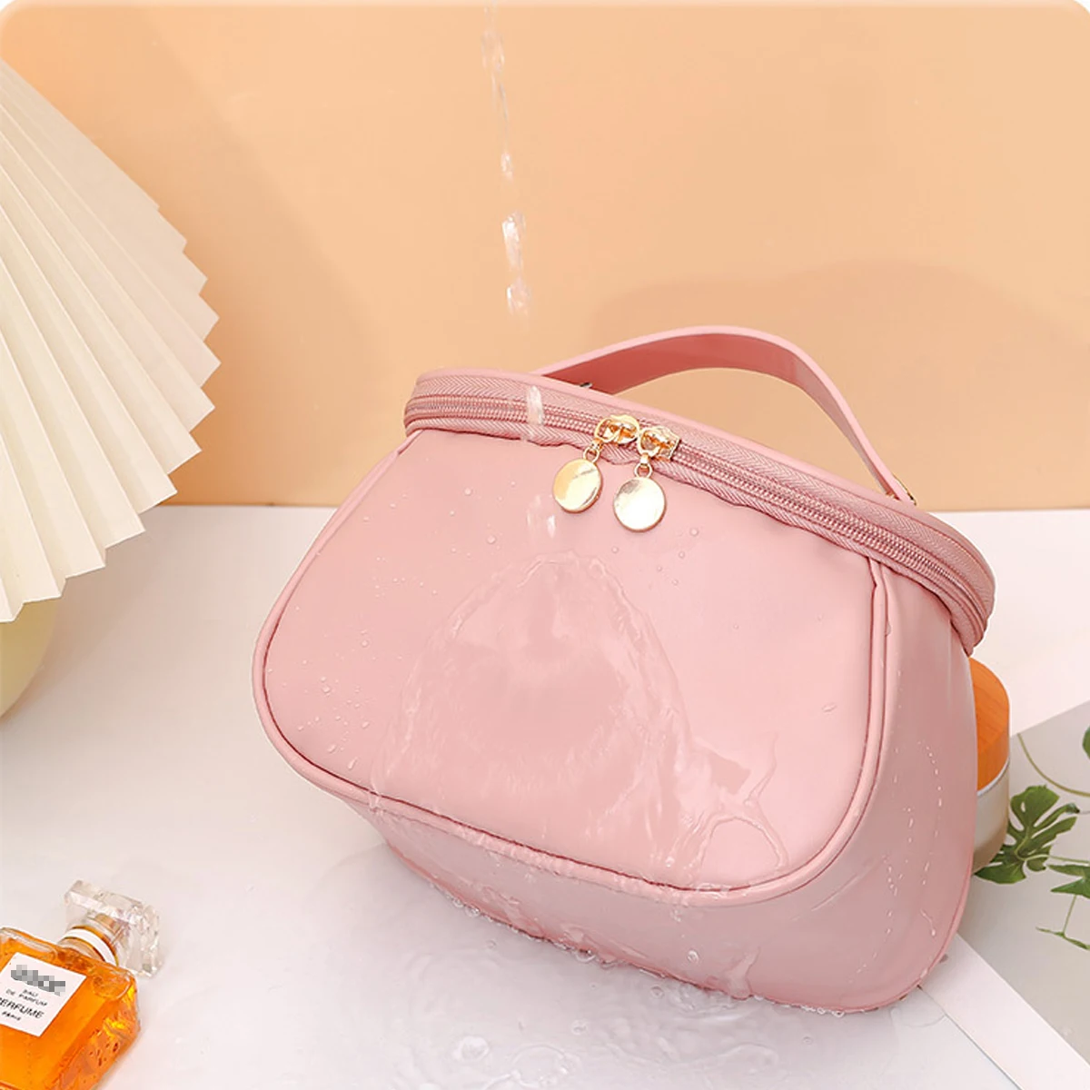 Portable PU Makeup Bag, Large Waterproof Cosmetic Pouch, Travel Washbag With Handles