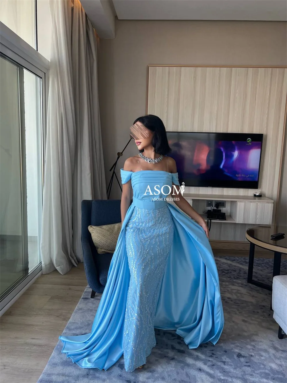 Bella Blue Satin Prom Dresses Off the Shoulder Mermaid فساتين سهرة Elegant Floor-length Detachable Train Vestidos De Fiesta 2024