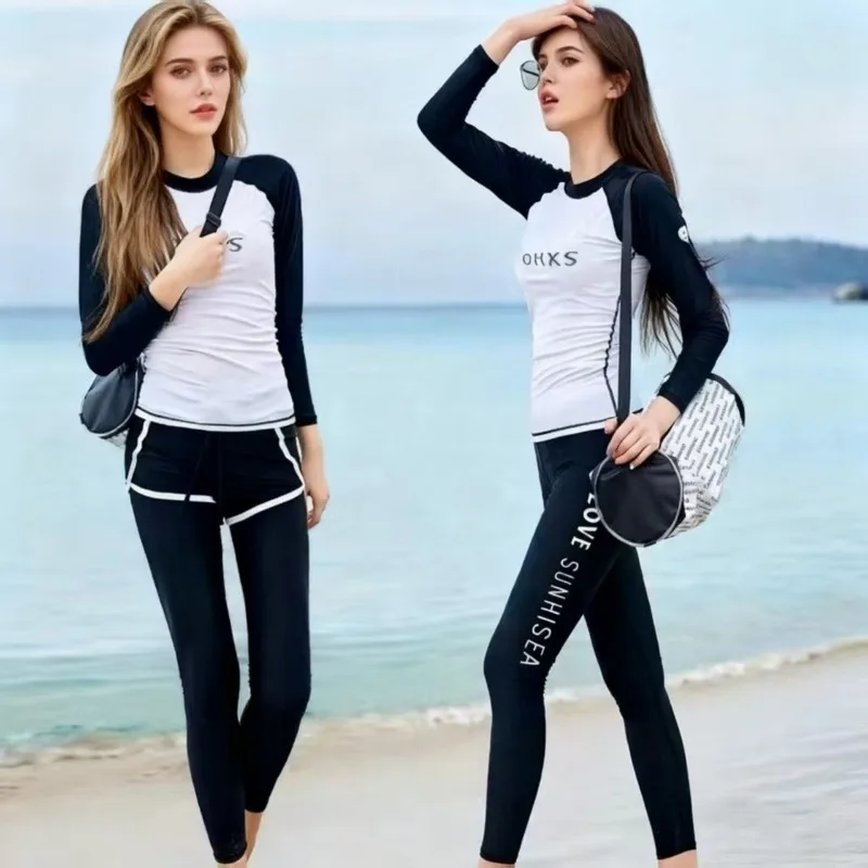 ชุดว่ายน้ำผู้หญิงแบบ 3 ชิ้น รุ่นใหม่ ปี 2025 - ชุดว่ายน้ำแบบสุภาพ เหมาะสำหรับนักเรียน แขนยาว กางเกงขายาว สไตล์สปอร์ต สำหรับเล่นเซิร์ฟและแช่น้ำพุร้อน