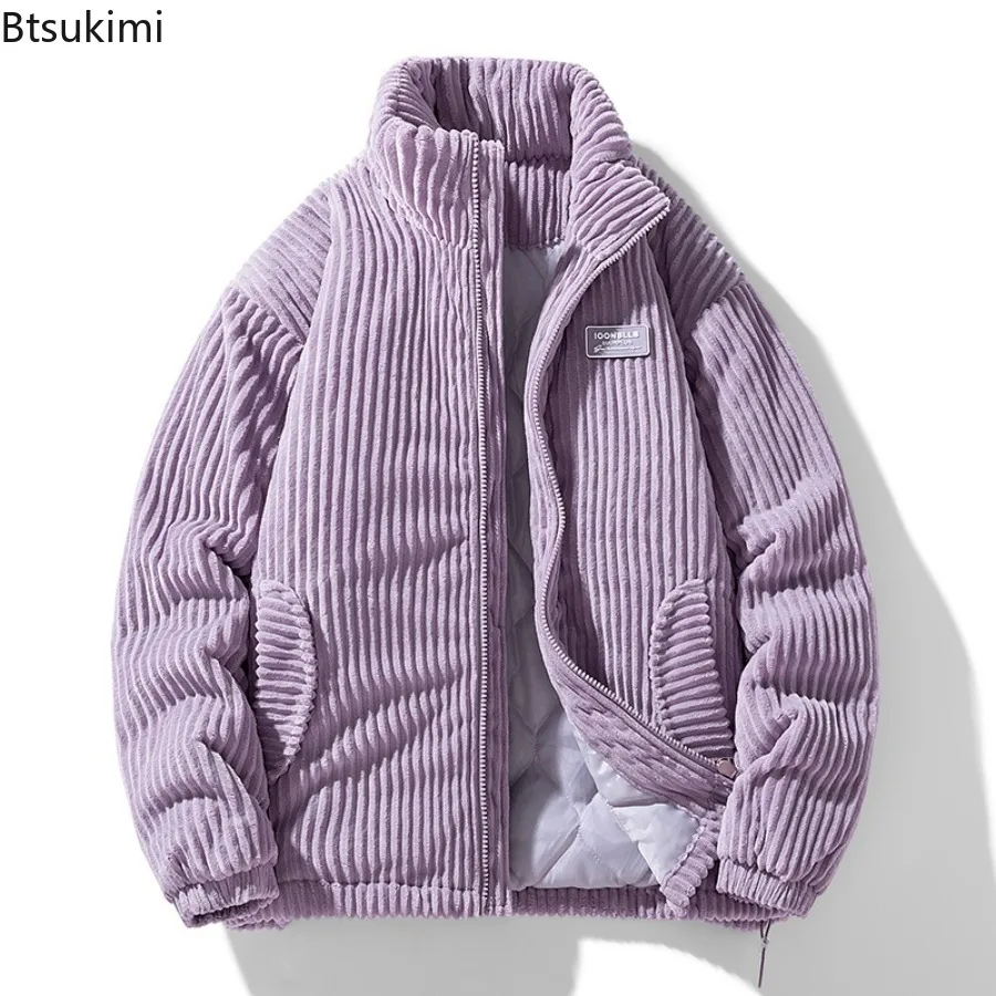 New Winter Fashion Casual Parkas for Men Stand Collar Solid Color Outerwear Corduroy Thicken Warm Jacket Cotton-padded Jacket