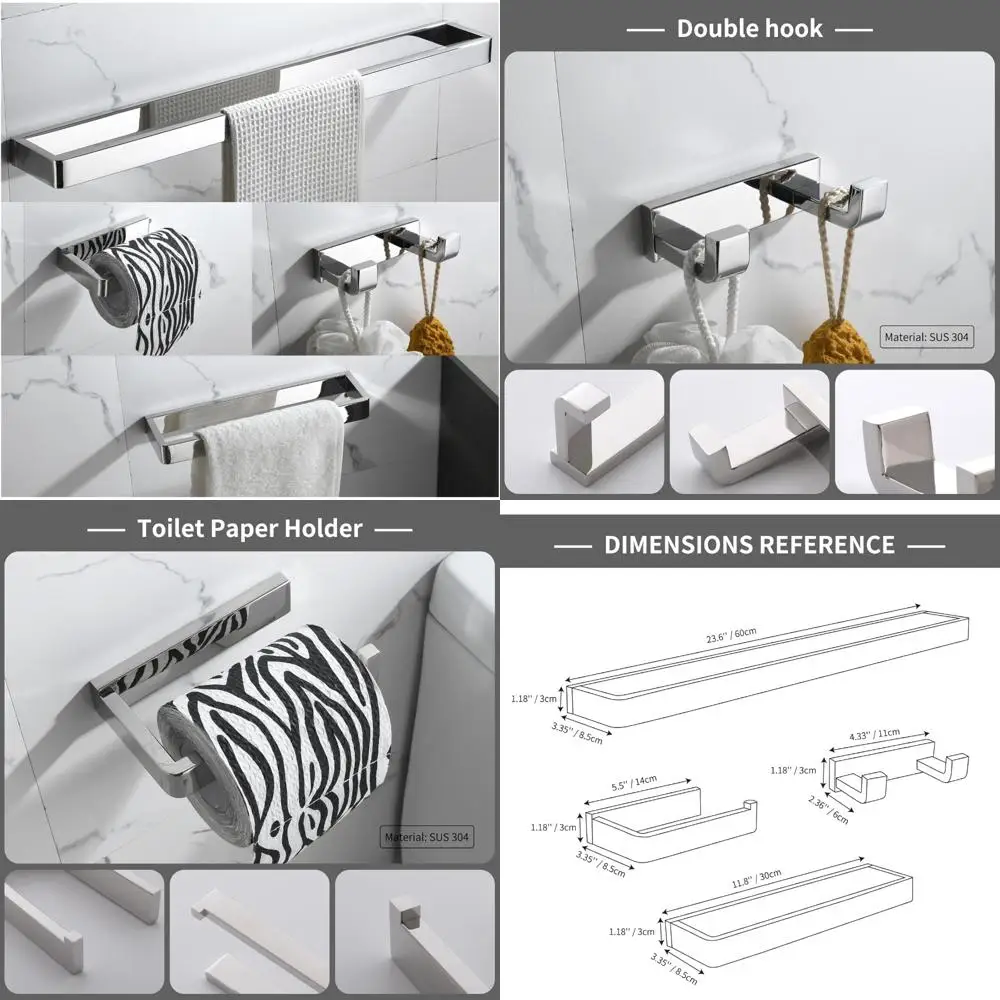 

Chrome Finish Stainless Steel Bathroom Accessory Set - Towel Bar and Holder Wall Mounted