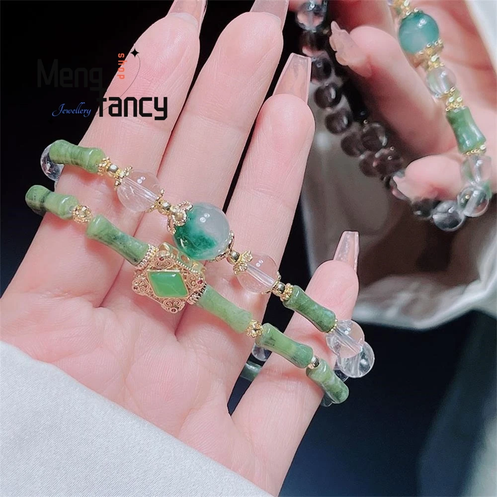 Natural Double Circle Southern Jade Bamboo Bracelet Female Design Models Temperament White Crystal Beaded Simple Fashion Jewelry