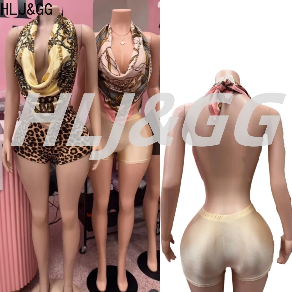

HLJ&GG Fashion Y2K Retro Pattern Print Scarf Two Piece Sets Women Off Shoulder Sleeveless Bandage Crop Top And Shorts Streetwear