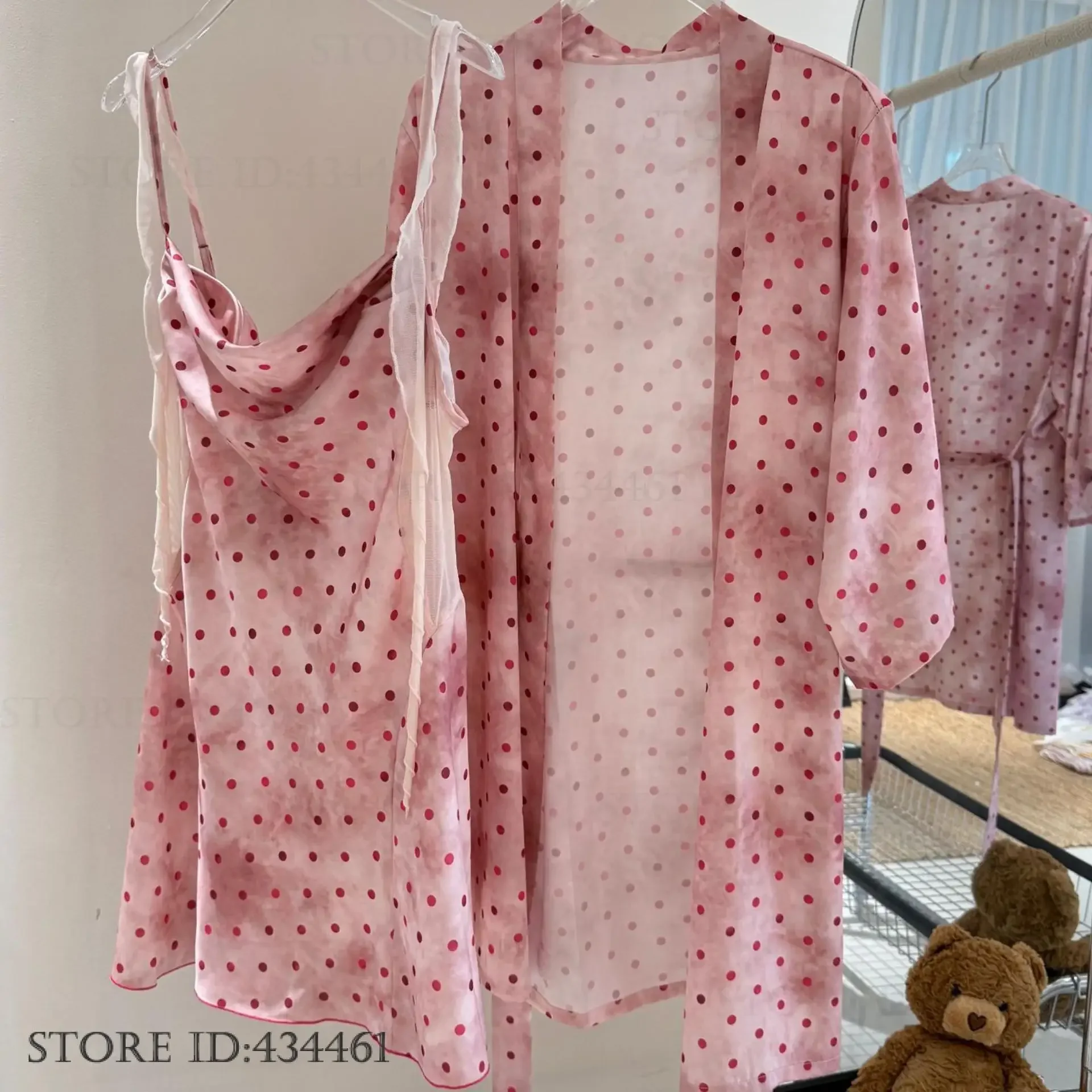 

New Female Twinset Robe Set Nightgown Sexy Pink Dot Kimono Bathrobe Gown Nightdress Spring Summer New Homewear Lingerie Pajama