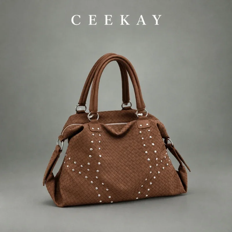 CEEKAY Woven Texture Leather Satchel Twin Handle Stud Trim Zip Top All-Match Daily Wear Spacious Elegant Classic for Women