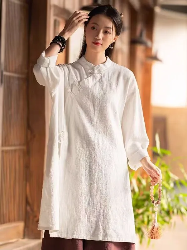 

High-End New Chinese Retro National Sle Women's Mid-Length irt with Buttoned Side Slits And Rope Binding for Daily Wear