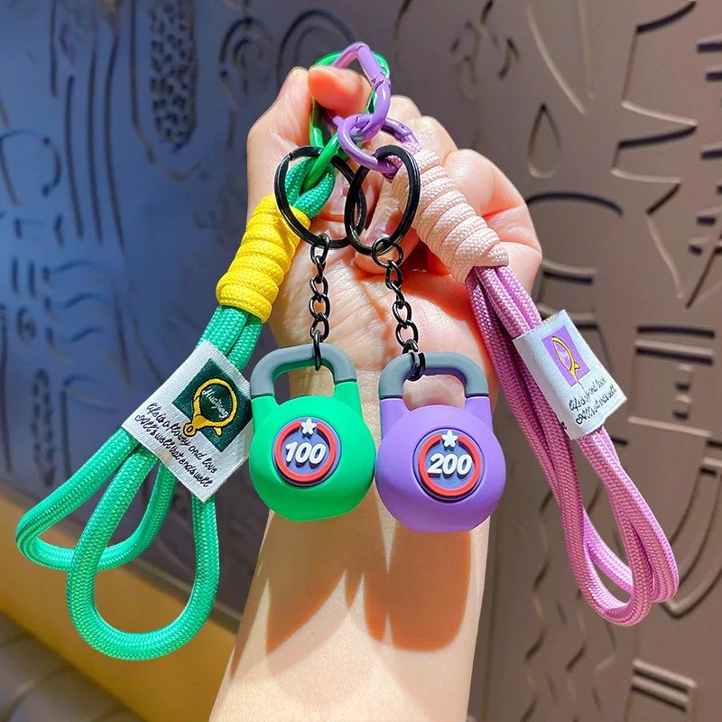 Stylish Green & Purple Kettlebell Keychains with 100/200 Mark, Colorful Braided Rope, Unique Key Decoration & Ideal Gift