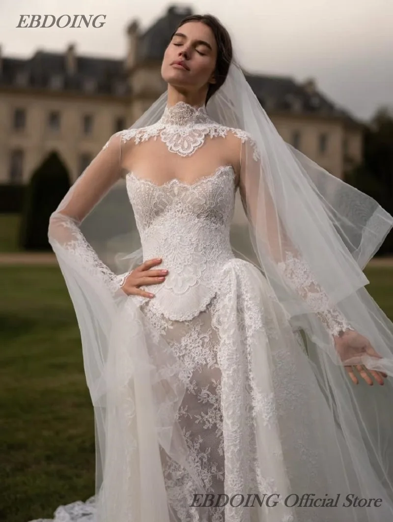 EBDOING فستان الزفاف حورية البحر الدانتيل 2 في 1 س الرقبة العنق كامل الأكمام ثوب العروس مخصص