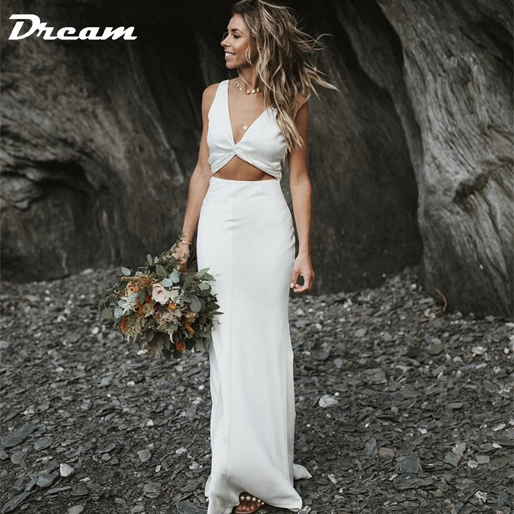 DREAM Customized V Neck Knot Cut Out Sexy Mermaid Wedding Dresses Simple Backless Sleeveless Plain Satin Bridal Gowns 2024