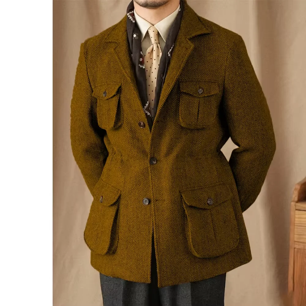 سترة تويد متعرجة كلاسيكية للرجال لعام 2025 مزيج الصوف البريطاني مزدوجة الصدر خفيفة الوزن معطف رياضي غير رسمي سترة رسمية