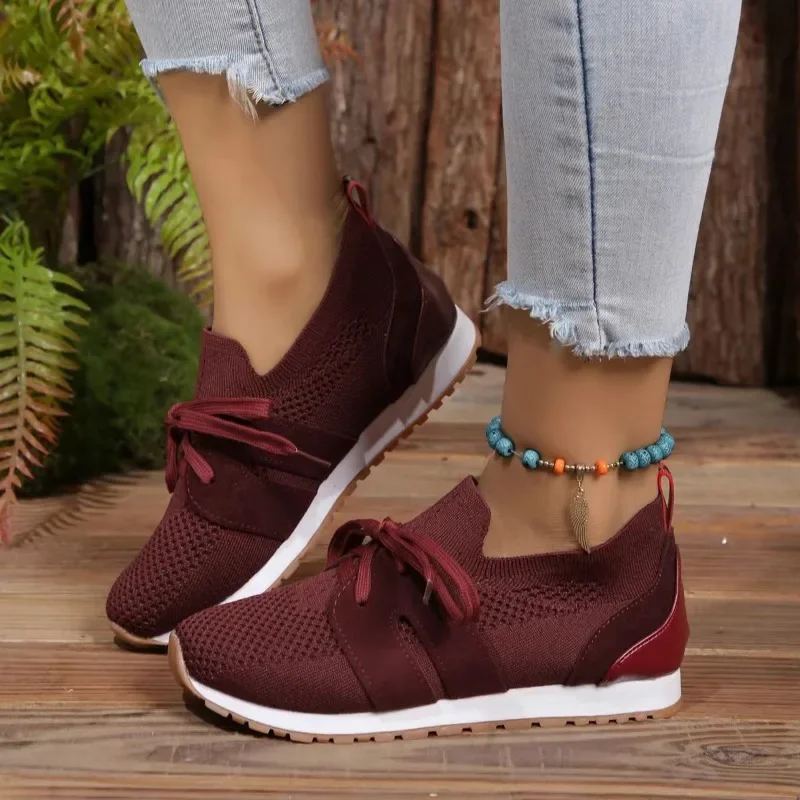 Zapatos vulcanizados de marca con cordones para mujer, zapatillas informales de costura a la moda, de malla con cabeza redonda, gran oferta, 2024