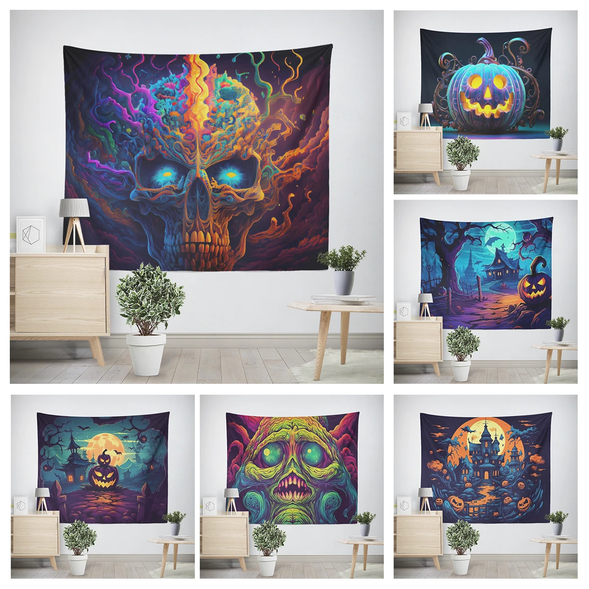 Tapeçaria de parede para decoração de quarto, quarto moderno, quarto estético, arte da parede, tecido grande, halloween, engraçado, outono