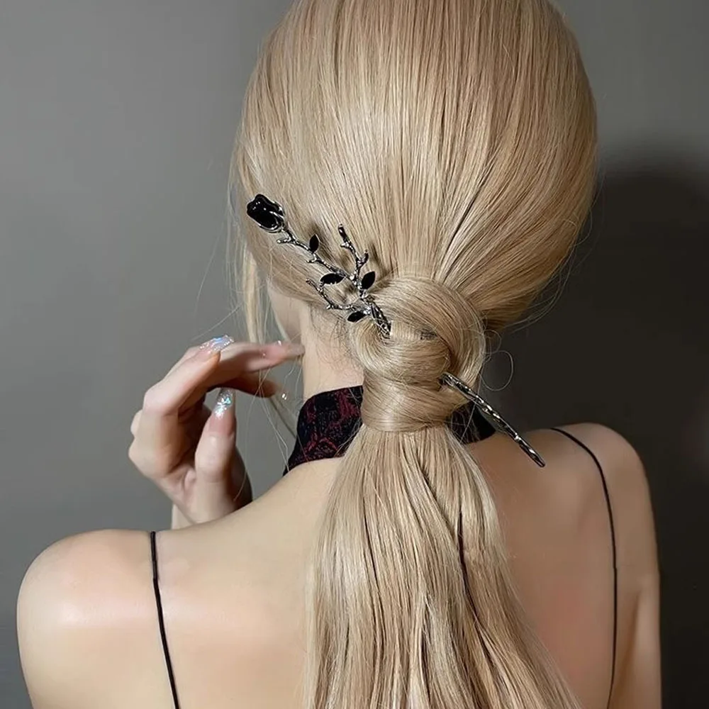 1 PC ใหม่จีน Hairpin ผม Elegant Rose ดอกไม้คริสตัลสาขาโลหะ VINTAGE อุปกรณ์เสริมผม Lady Headdress